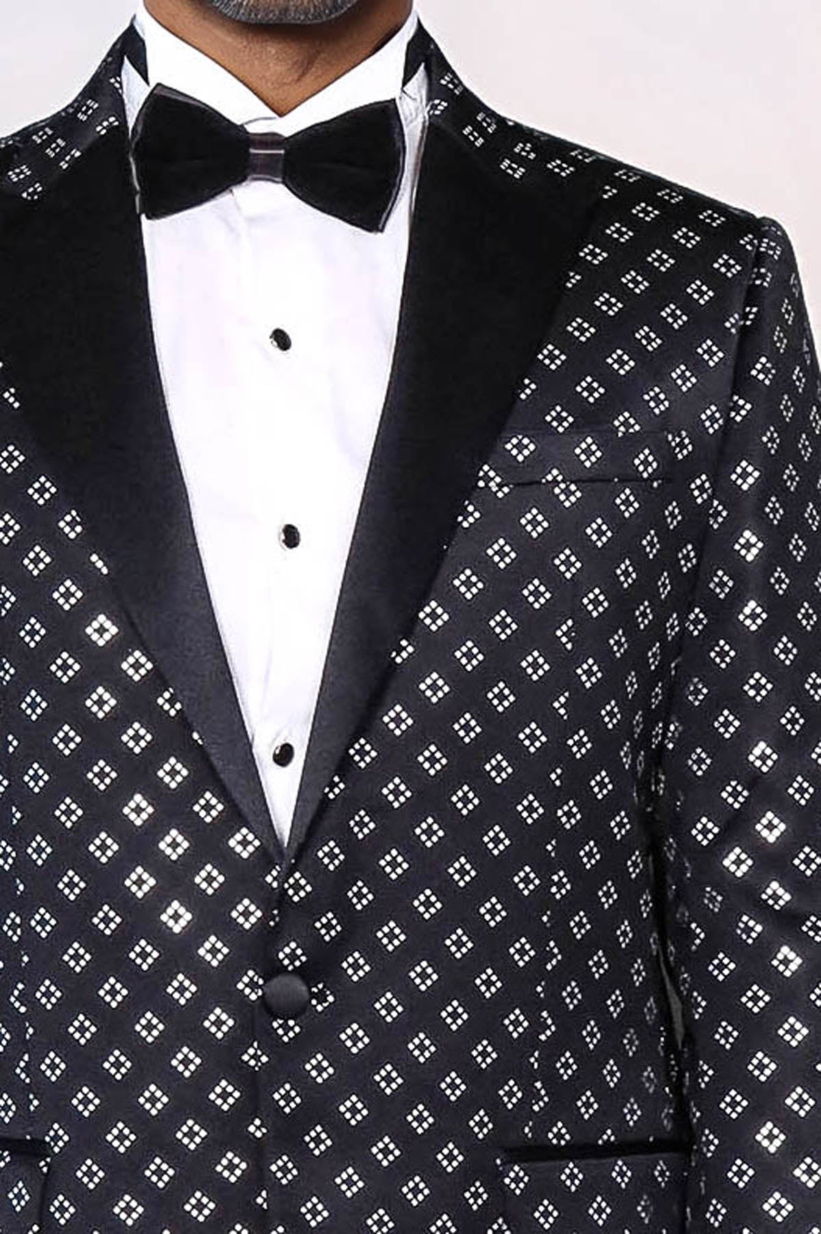 Silver Diamond Pattern Over Black Men Party Tuxedo Blazer - Wessi