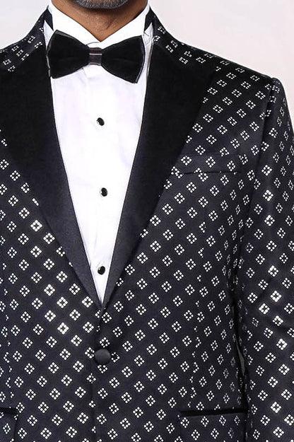 Silver Diamond Pattern Over Black Men Party Tuxedo Blazer - Wessi