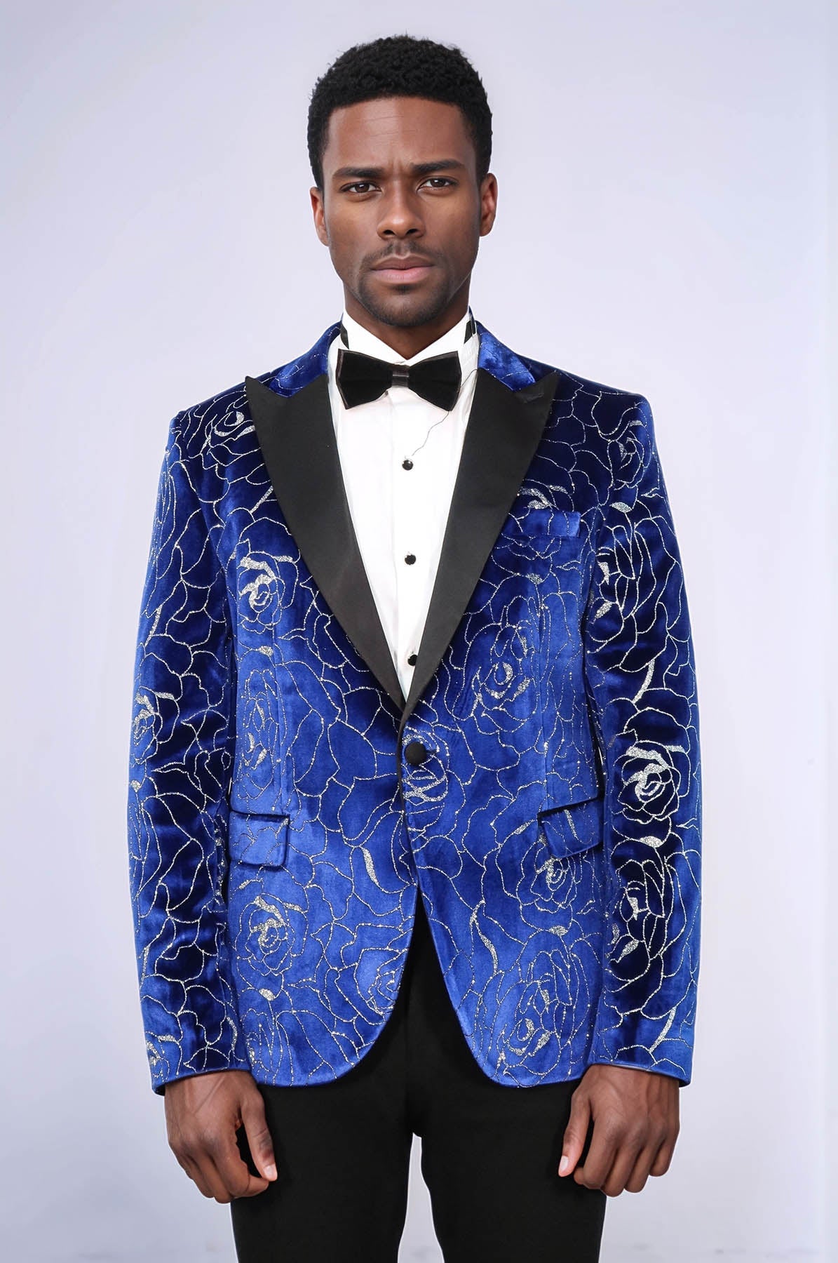 Shimmering Silver Rose Patterned Over Blue Men Stage Tuxedo Blazer