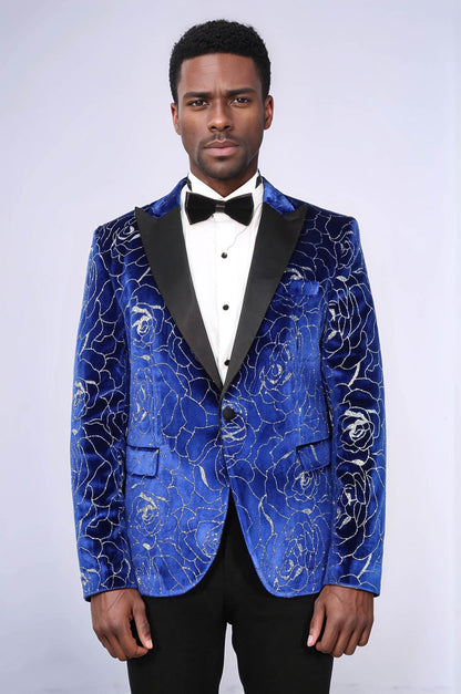Shimmering Silver Rose Patterned Over Blue Men Stage Tuxedo Blazer