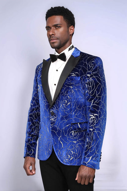 Shimmering Silver Rose Patterned Over Blue Men Stage Tuxedo Blazer