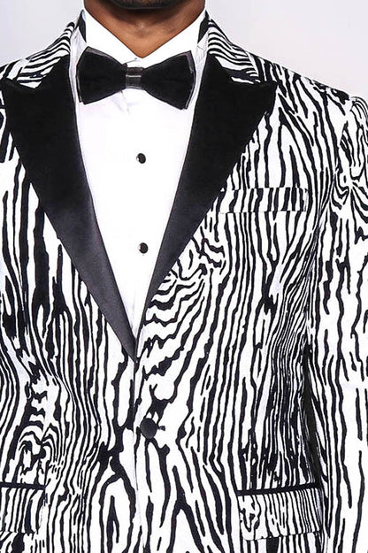 Slim Fit Zebra Patterned White Men Party Blazer - Wessi