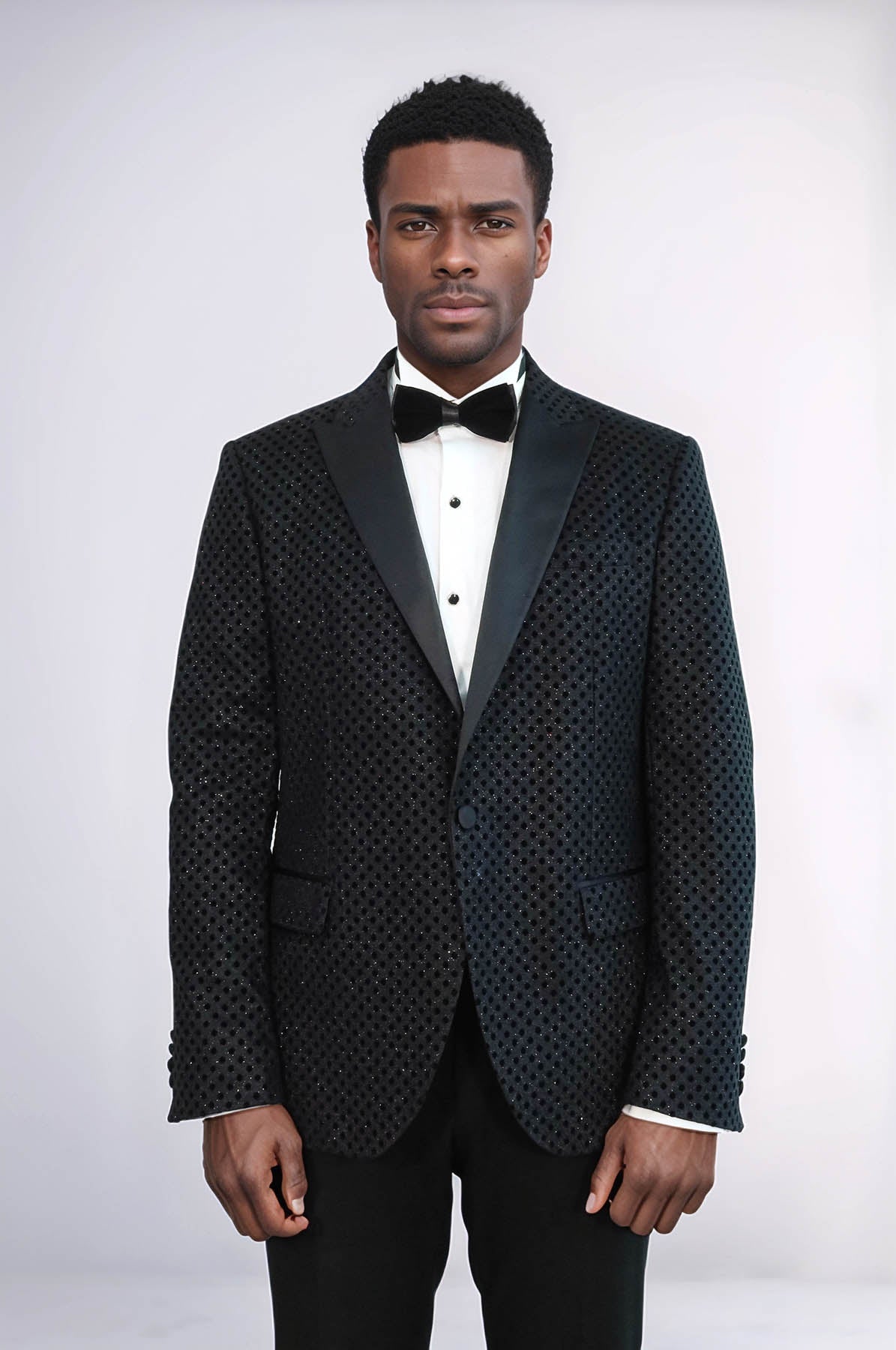 Sequin Dot Patterned Black Men Sparkly Singer Tuxedo Jacket - Wessi