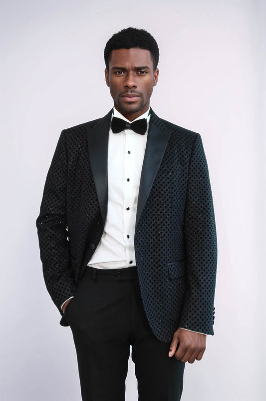 Sequin Dot Patterned Black Men Sparkly Singer Tuxedo Jacket - Wessi