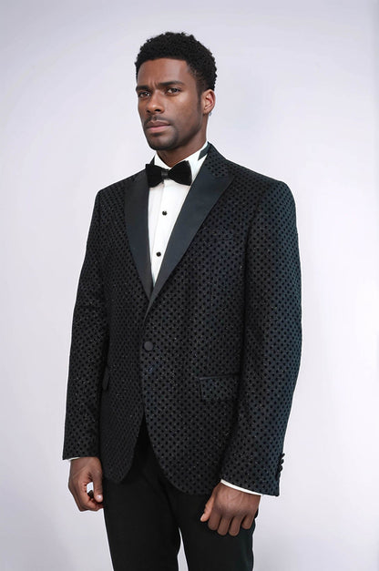 Sequin Dot Patterned Black Men Sparkly Singer Tuxedo Jacket - Wessi