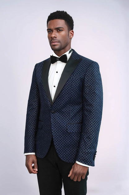 Sequin Dot Patterned Navy Blue Men Tuxedo Blazer - Wessi