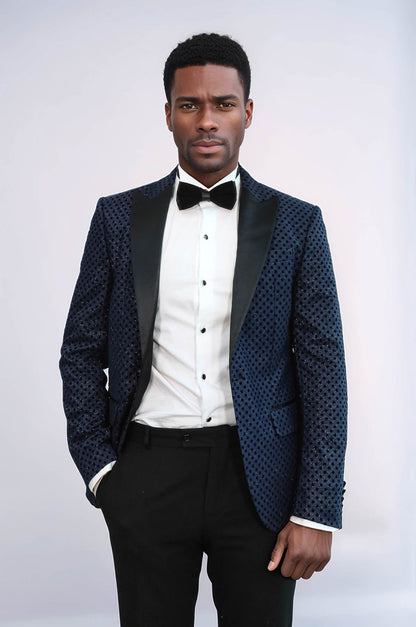 Sequin Dot Patterned Navy Blue Men Tuxedo Blazer - Wessi