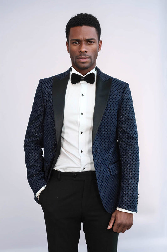 Sequin Dot Patterned Navy Blue Men Tuxedo Blazer - Wessi