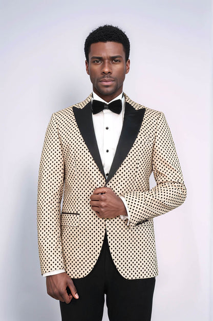 Sequin Dot Patterned Cream Men Wedding Tuxedo Blazer - Wessi