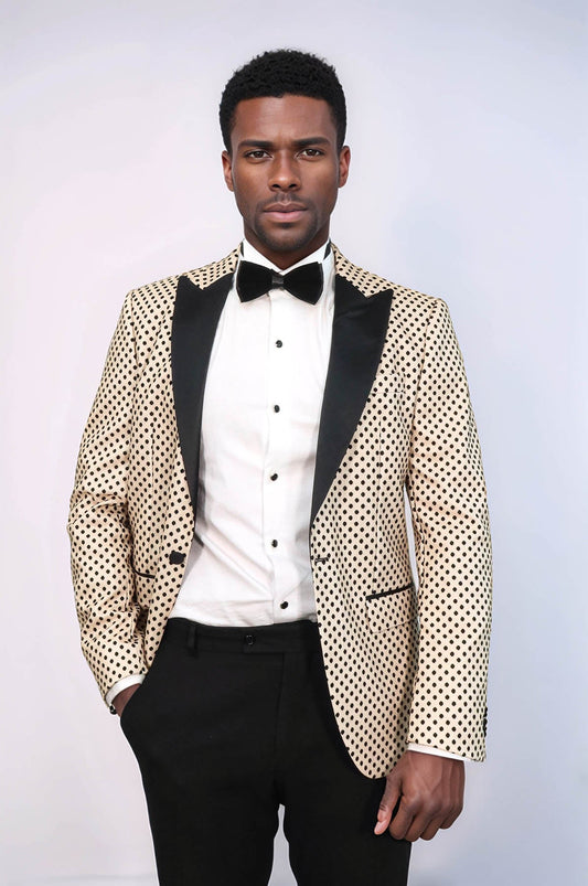 Sequin Dot Patterned Cream Men Wedding Tuxedo Blazer - Wessi