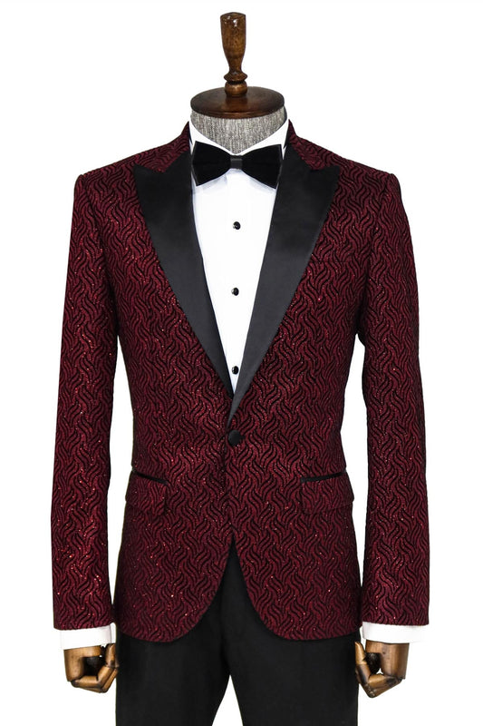 Shiny Patterned Burgundy Prom Blazer - Wessi