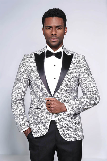Shiny Patterned White Men Prom Blazer - Wessi