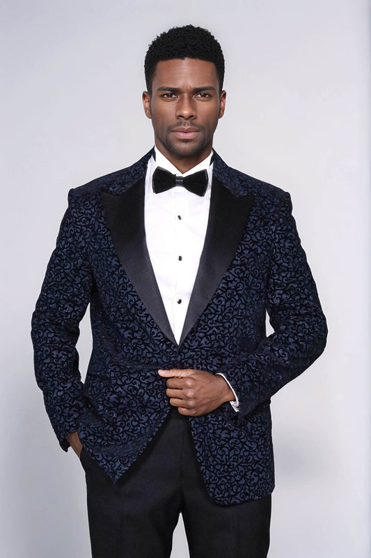 Scroll Patterned Navy Blue Men Wedding Tuxedo Blazer - Wessi