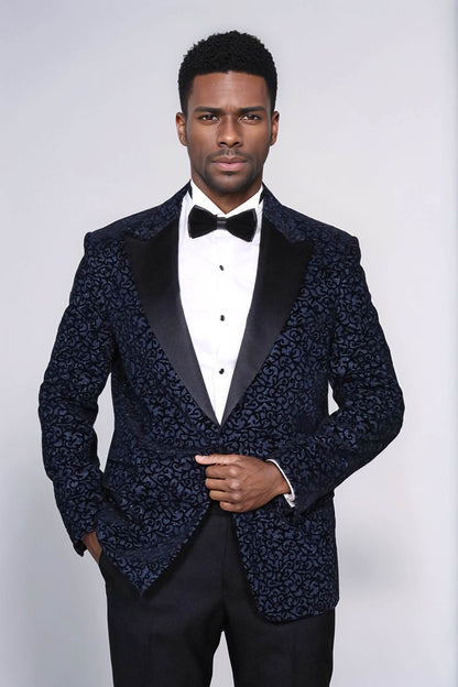 KOALA SYDNEY  Scroll Patterned Navy Blue Men Prom Blazer and Trousers Combination Suit