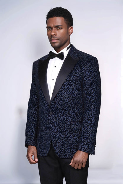 KOALA SYDNEY  Scroll Patterned Navy Blue Men Prom Blazer and Trousers Combination Suit