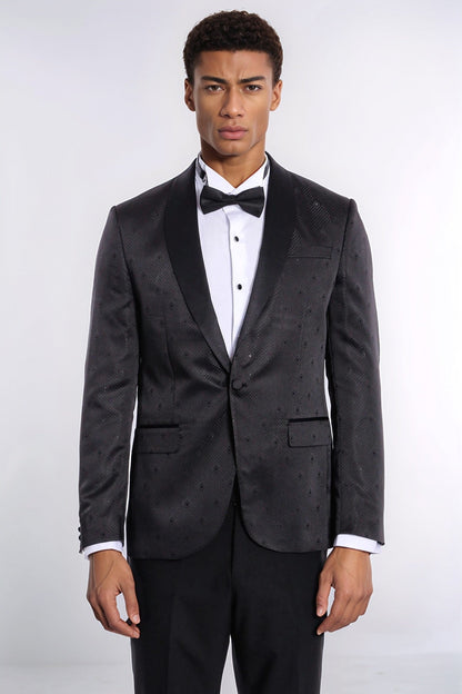 Dot Patterned Slim Fit Black Men Prom Blazer and Trousers Combination Suit