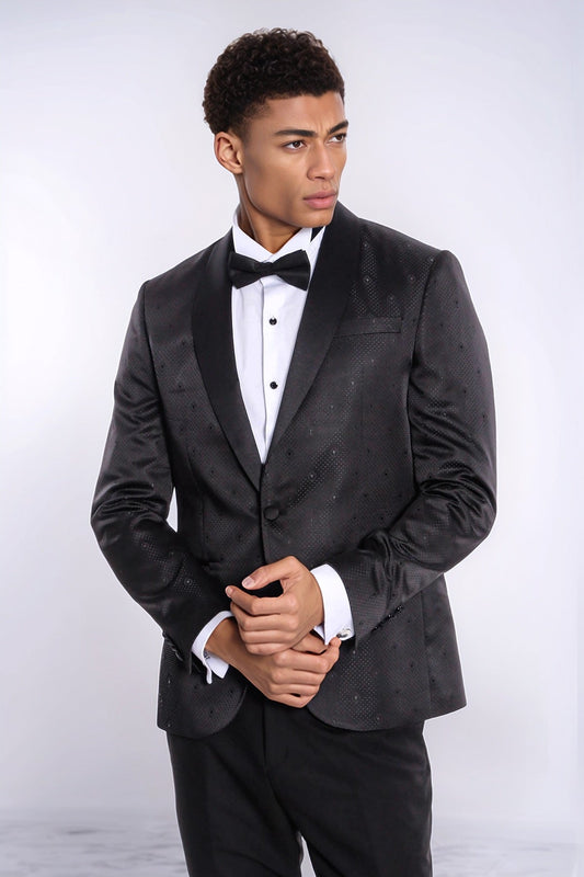 Dot Patterned Slim Fit Black Men Prom Blazer and Trousers Combination Suit