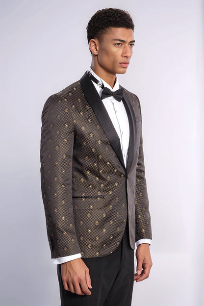 Shawl Lapel Gold Dot Patterned Over Black Men Tuxedo Blazer