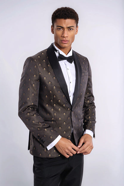 Shawl Lapel Gold Dot Patterned Over Black Men Tuxedo Blazer