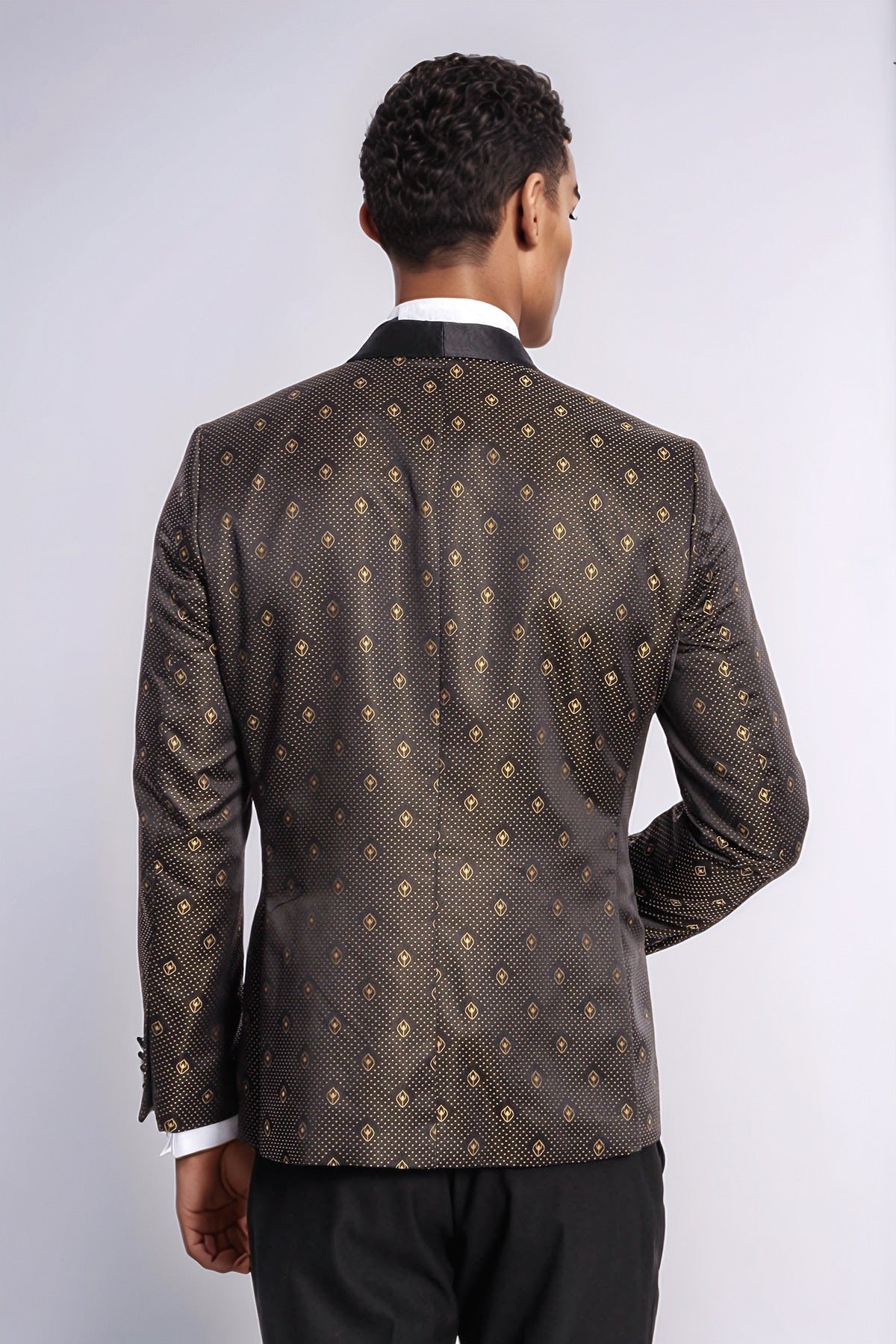 Shawl Lapel Gold Dot Patterned Over Black Men Tuxedo Blazer