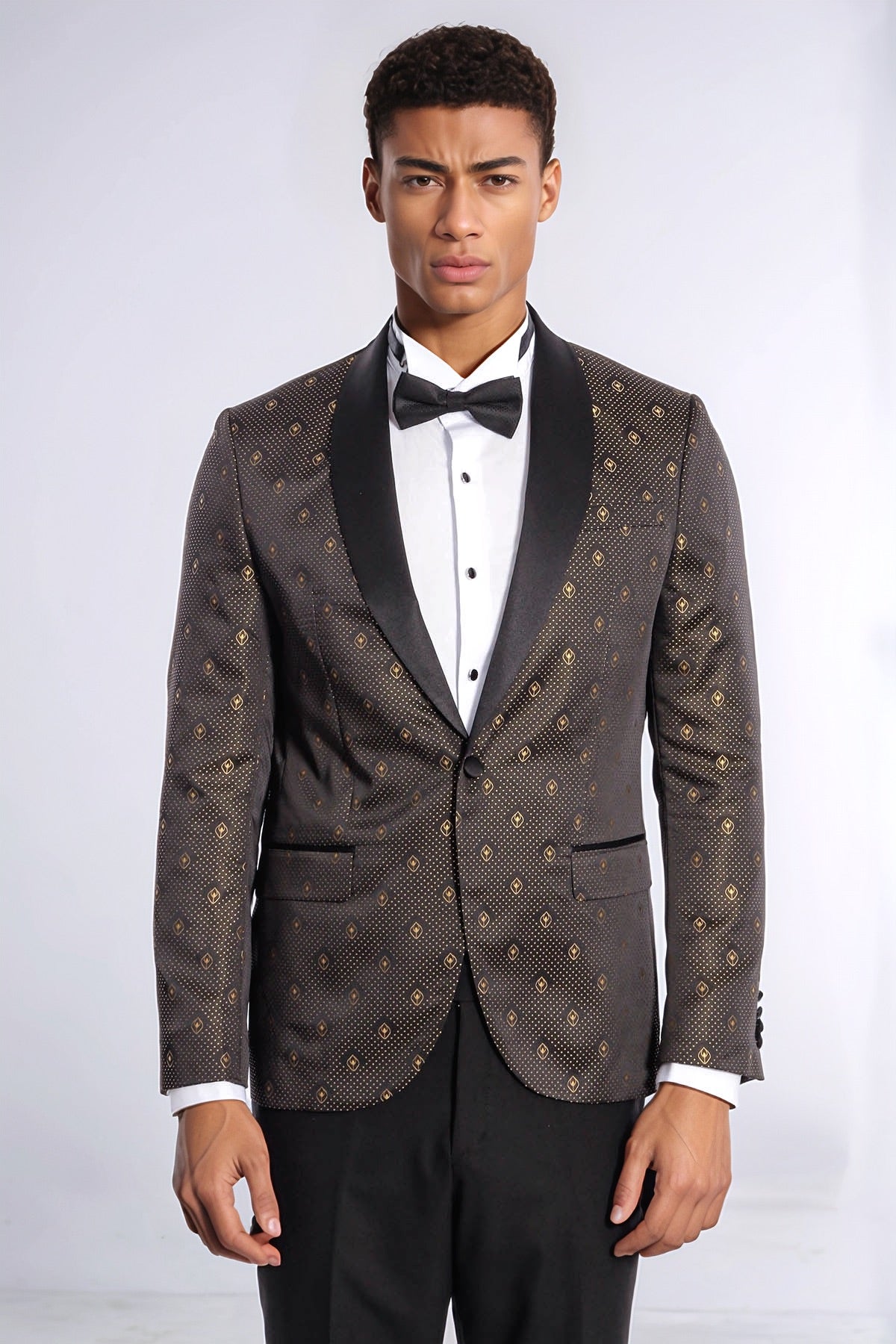 Shawl Lapel Gold Dot Patterned Over Black Men Tuxedo Blazer