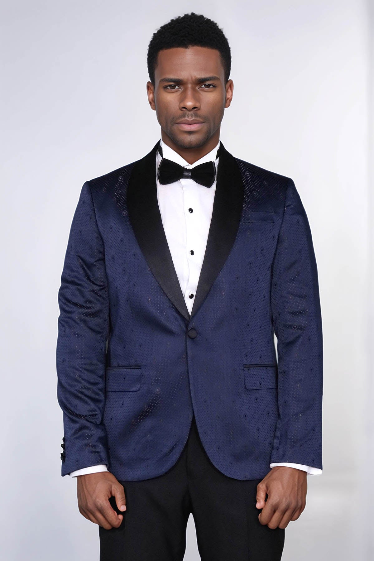 Patterned Shawl Lapel Navy Blue Men Tuxedo Jacket - Wessi