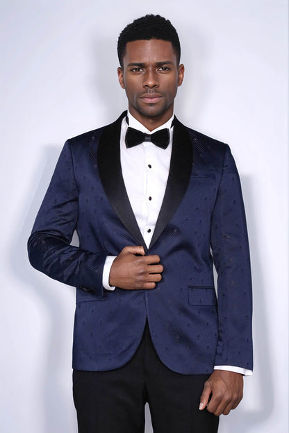 Patterned Shawl Lapel Navy Blue Men Tuxedo Jacket - Wessi