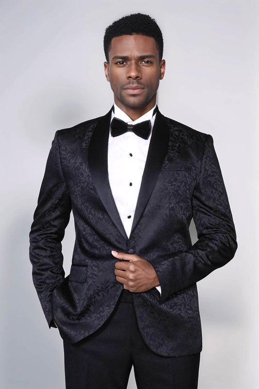 Shawl Lapel Floral Patterned Black Men Wedding Groom Blazer - Wessi