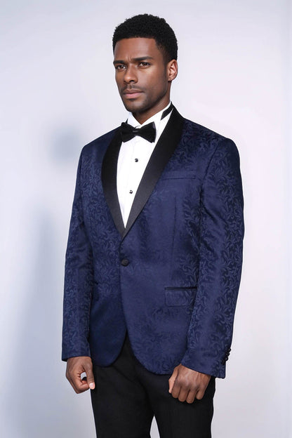 Shawl Lapel Floral Patterned Navy Blue Men Tuxedo Evening Blazer