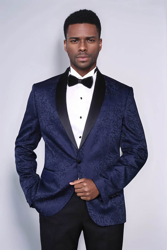 Shawl Lapel Floral Patterned Navy Blue Men Tuxedo Evening Blazer - Wessi