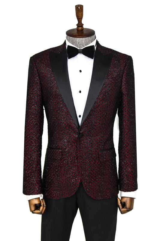 KOALA SYDNEY  Gingham Patterned Glittery Burgundy Men Prom Party Blazer -