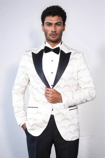 Patterned Slim Fit White Men Dinner Jacket