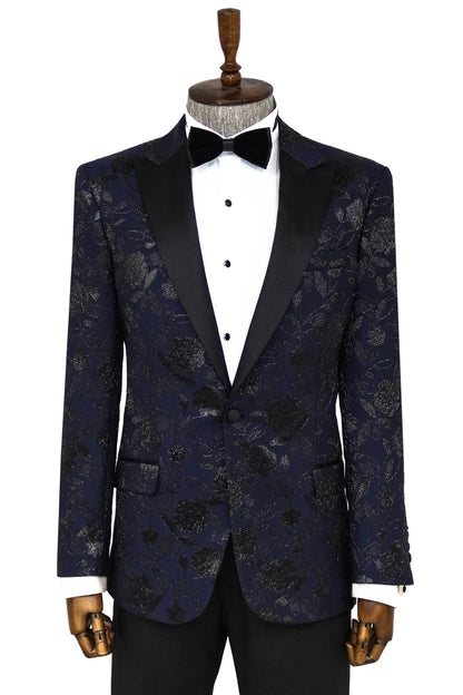Floral Patterned Navy Blue Men Dinner Jacket