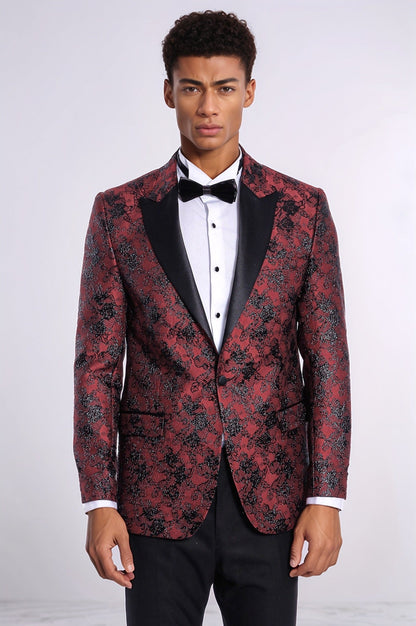 Floral Patterned Slim Fit Burgundy Men Evening Dinner Blazer