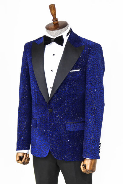 Glitter Floral Patterned Sax Blue Men Dinner Jacket