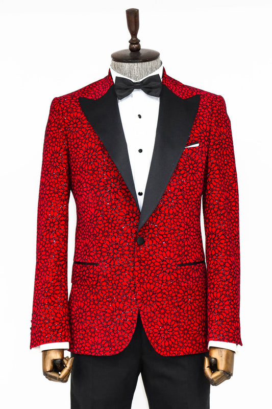 Glitter Floral Patterned Burgundy Men Party Blazer