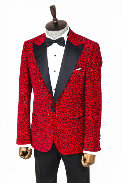 Glitter Floral Patterned Burgundy Men Party Blazer