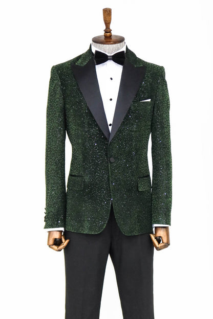 Glitter Floral Patterned Dark Green Men Dinner Jacket -
