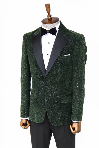 Glitter Floral Patterned Dark Green Men Dinner Jacket -
