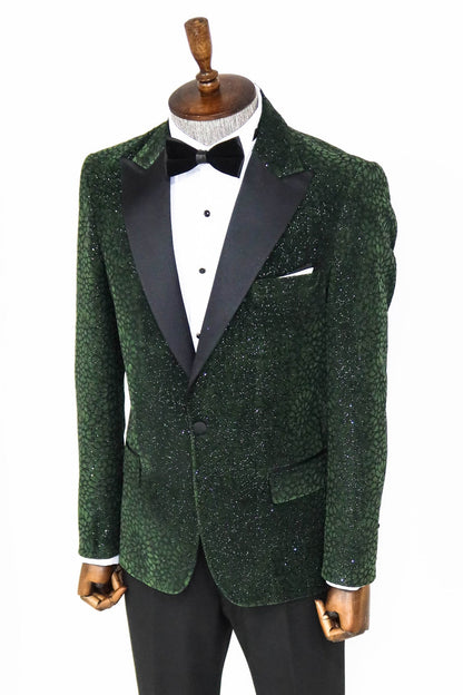 Glitter Floral Patterned Dark Green Men Dinner Jacket -