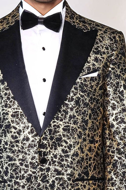 Root Pattern Peak Lapel Black Men Stage Performance Tuxedo  Blazer - Wessi