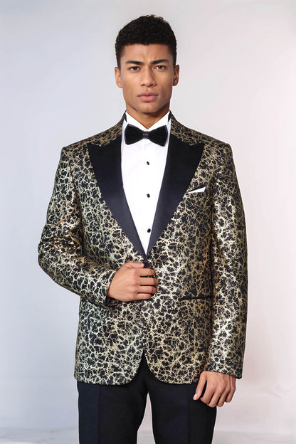 Root Pattern Peak Lapel Black Men Stage Performance Tuxedo  Blazer - Wessi