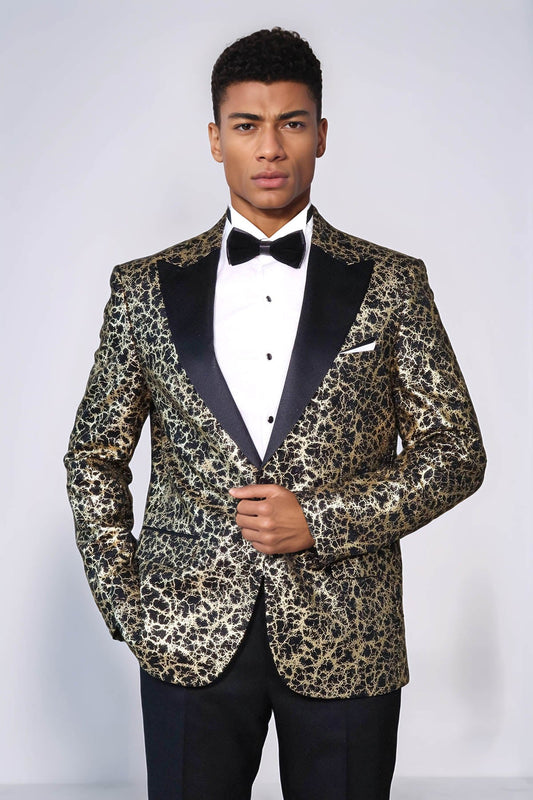 Root Pattern Peak Lapel Black Men Stage Performance Tuxedo  Blazer - Wessi