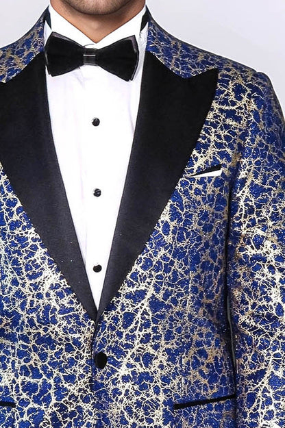 Root Pattern Peak Lapel Dark Blue Men Tuxode Dinner Blazer - Wessi