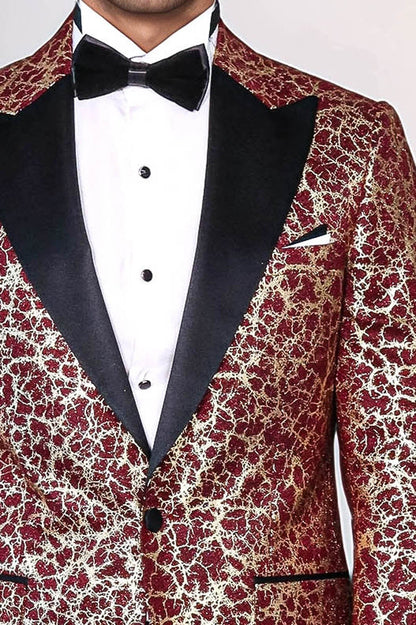 Root Pattern Peak Lapel Burgundy Men Party Blazer