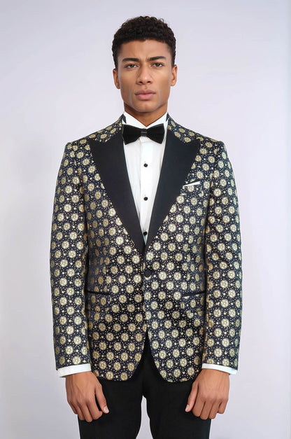 Floral Patterned Peak Lapel Navy Blue with Gold Embellished Dinner Jacket