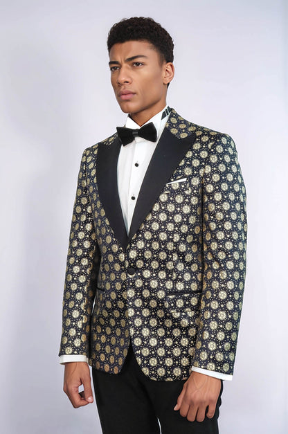 Floral Patterned Peak Lapel Navy Blue with Gold Embellished Dinner Jacket