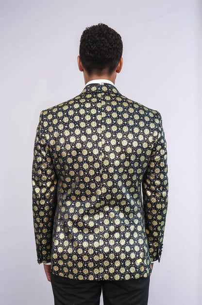 Floral Patterned Peak Lapel Navy Blue with Gold Embellished Dinner Jacket