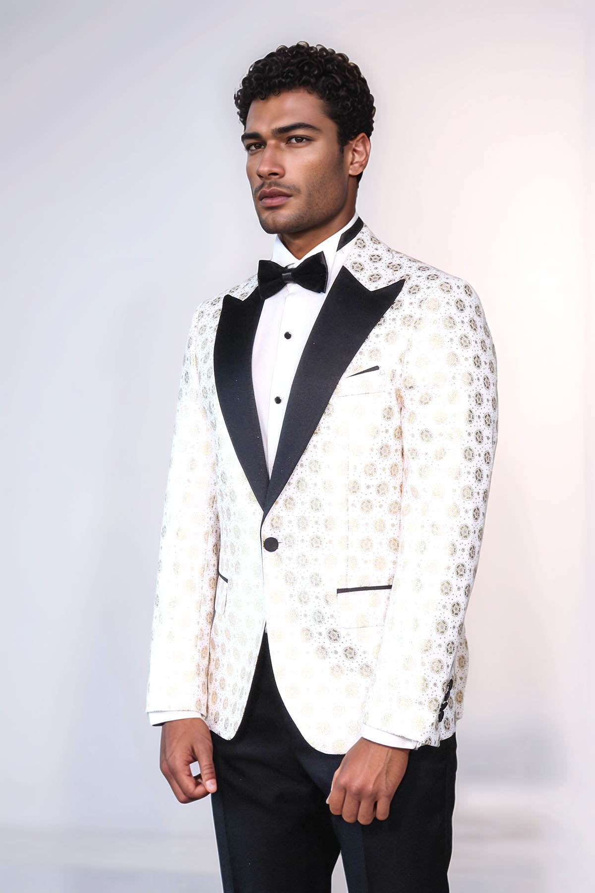 Floral Patterned Peak Lapel White Men Wedding Tuxedo Blazer - Wessi