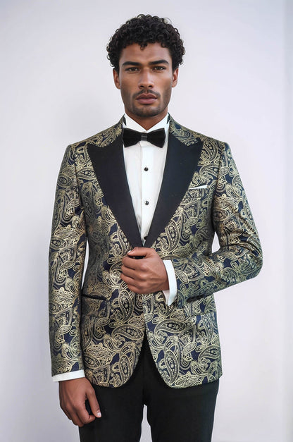 Paisley Peak Lapel Navy Blue Men Party Blazer